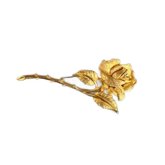 Vintage Gold Plated Thorny Rose Brooch, Charel 1945, 4" Long - Picture 3 of 11